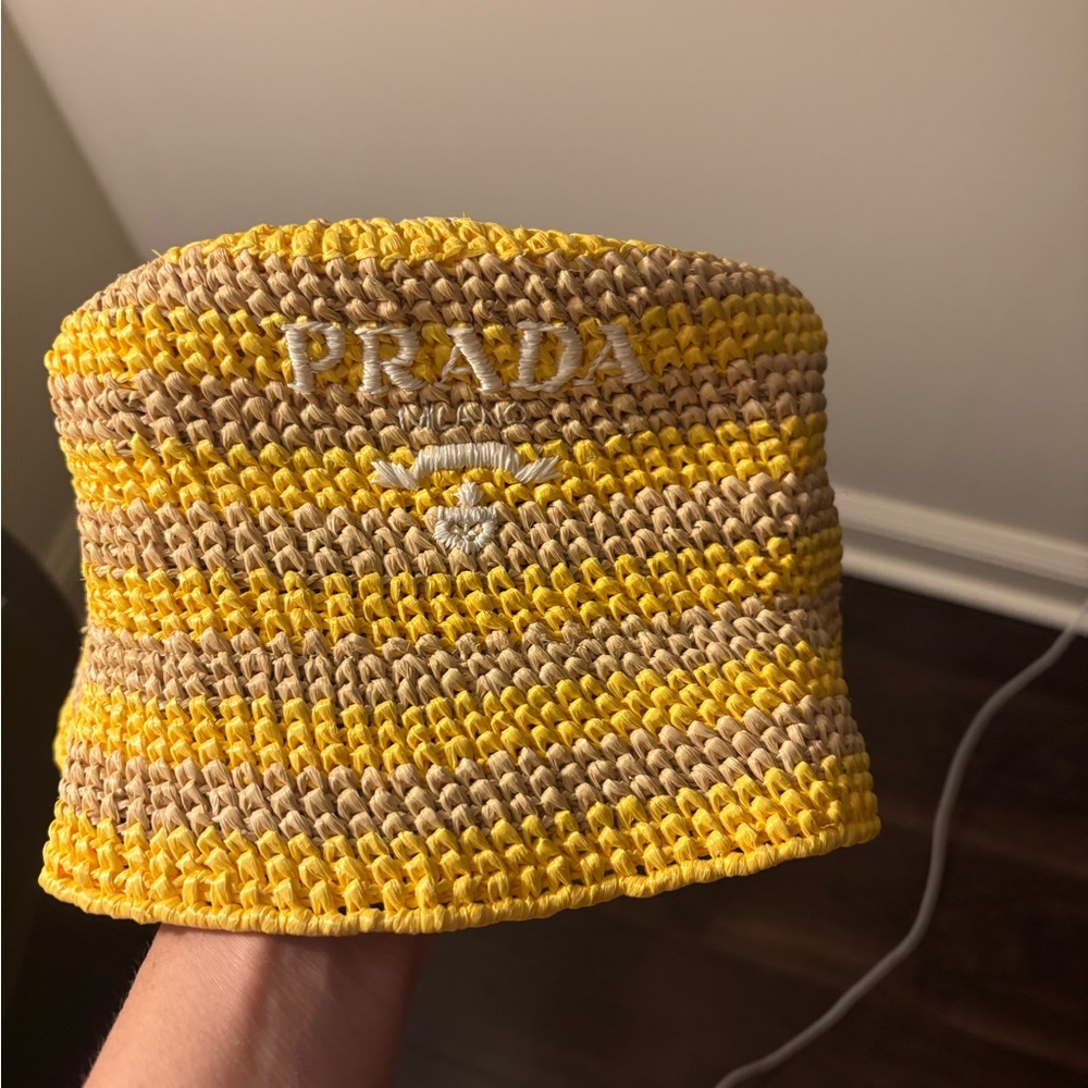 Prada Yellow and Tan Crochet Hat